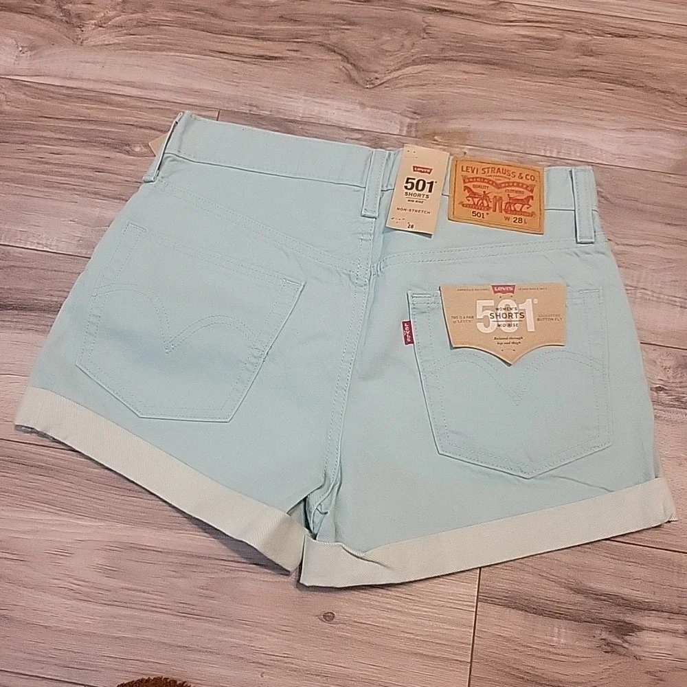 Levi's 501 Shorts Womens 28 Mint Green Mid Rise Cuff‎ Hem Denim Button Fly NEW